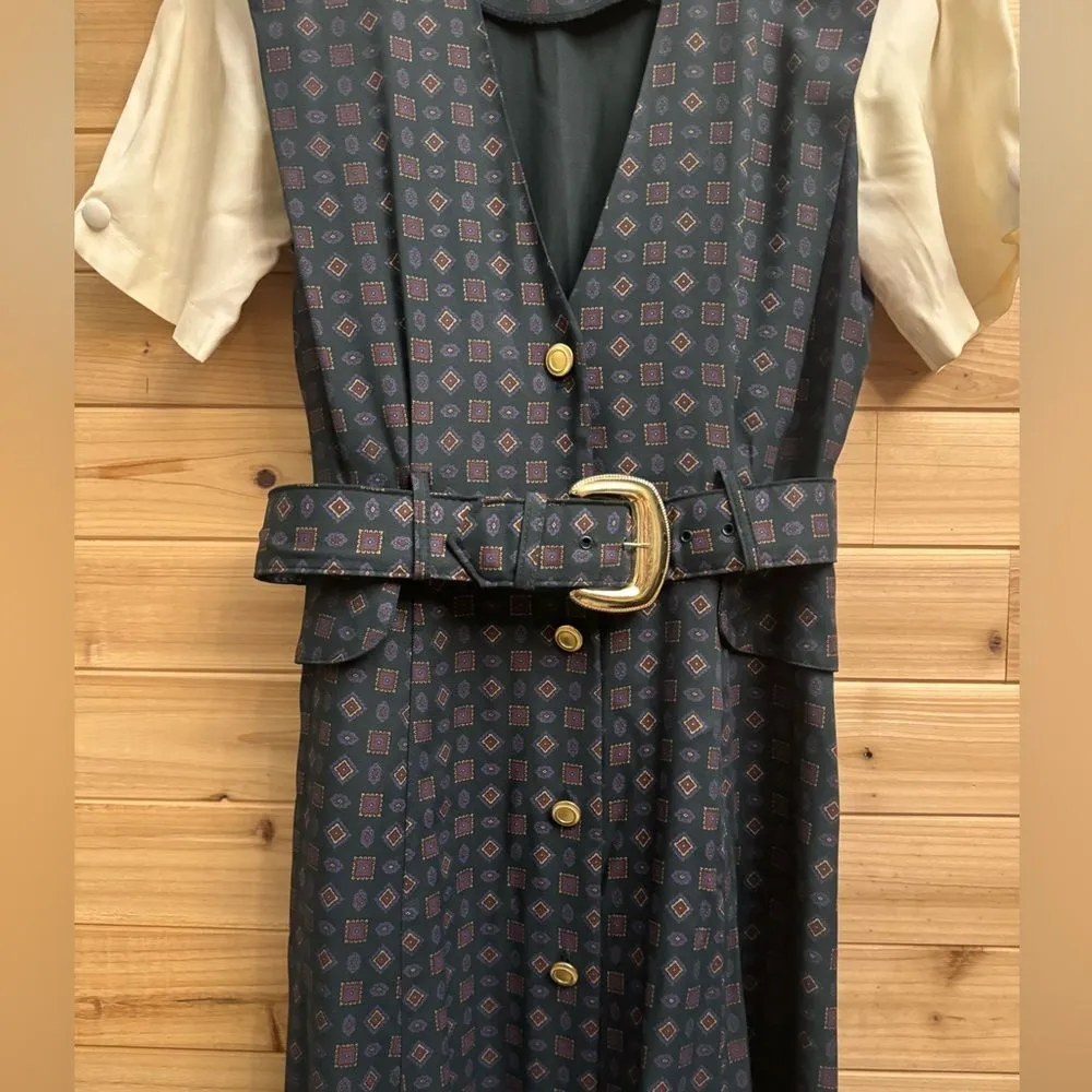 Vintage RJ Steven’s Sz Medium Button Front Belted Secretary School Teacher Dress Green - Image 3