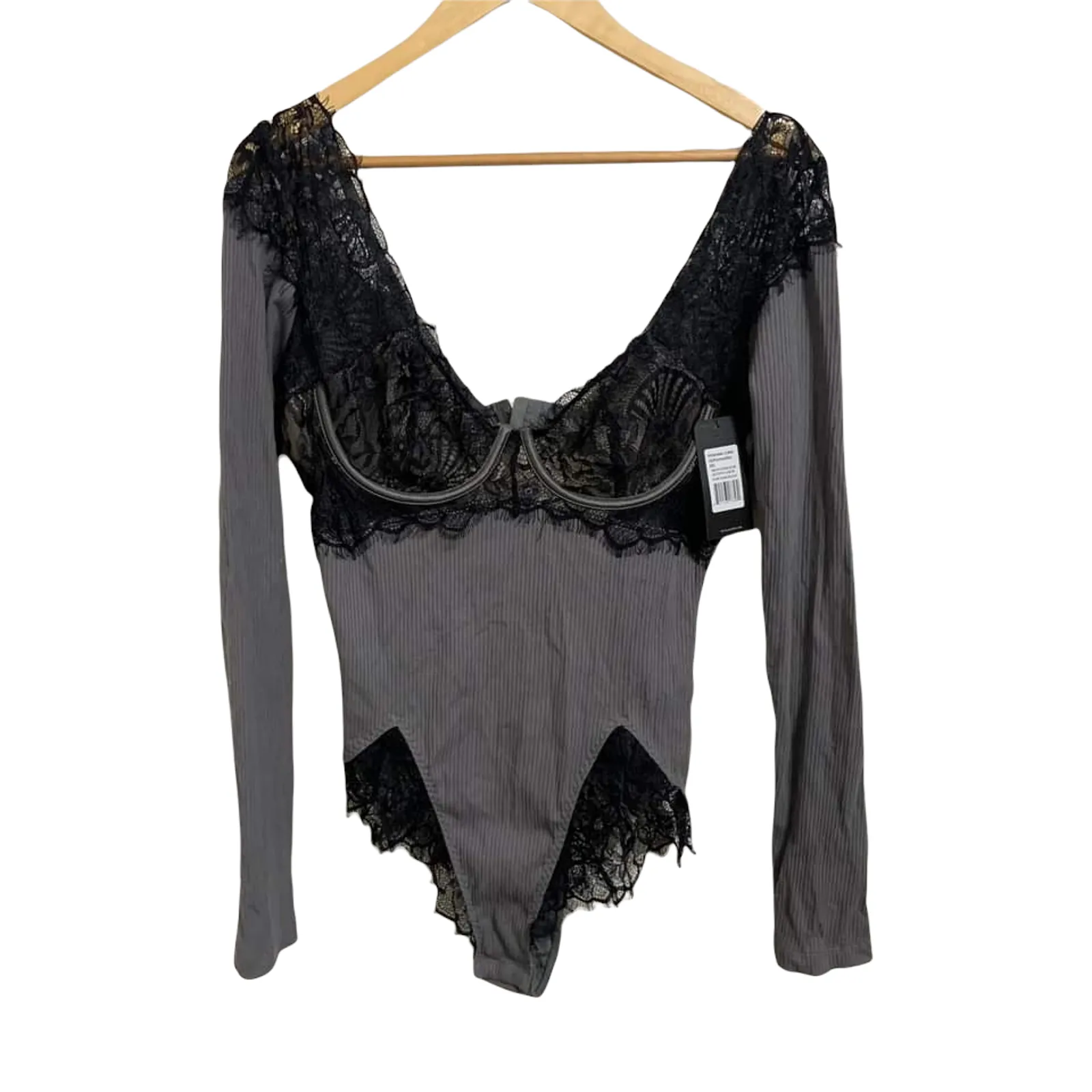 OH LA LA CHERI Women's Rib Knit And Eyelash Lace Teddy Grey Black Size L NWT‎ Size L - Image 2