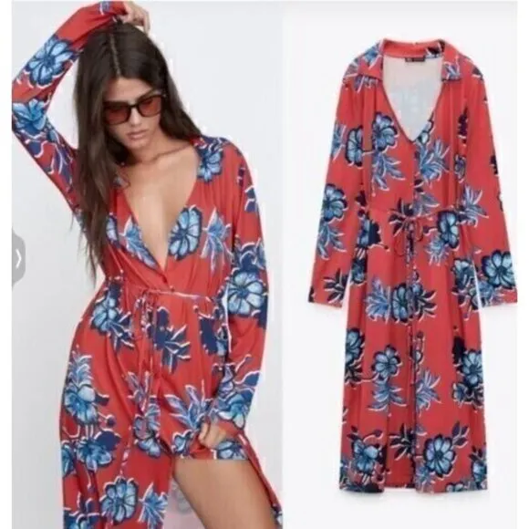 NWT Zara Womens Printed Midi Shirt Dress Red Blue Floral Long Sleeve Sz S - Image 2