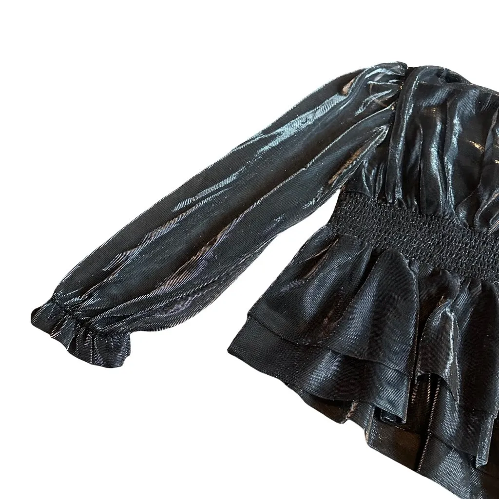 Le Serein Calais Smocked Mesh Long Sleeve Top Shirt Blouse Metallic Small NWT Gray - Image 11