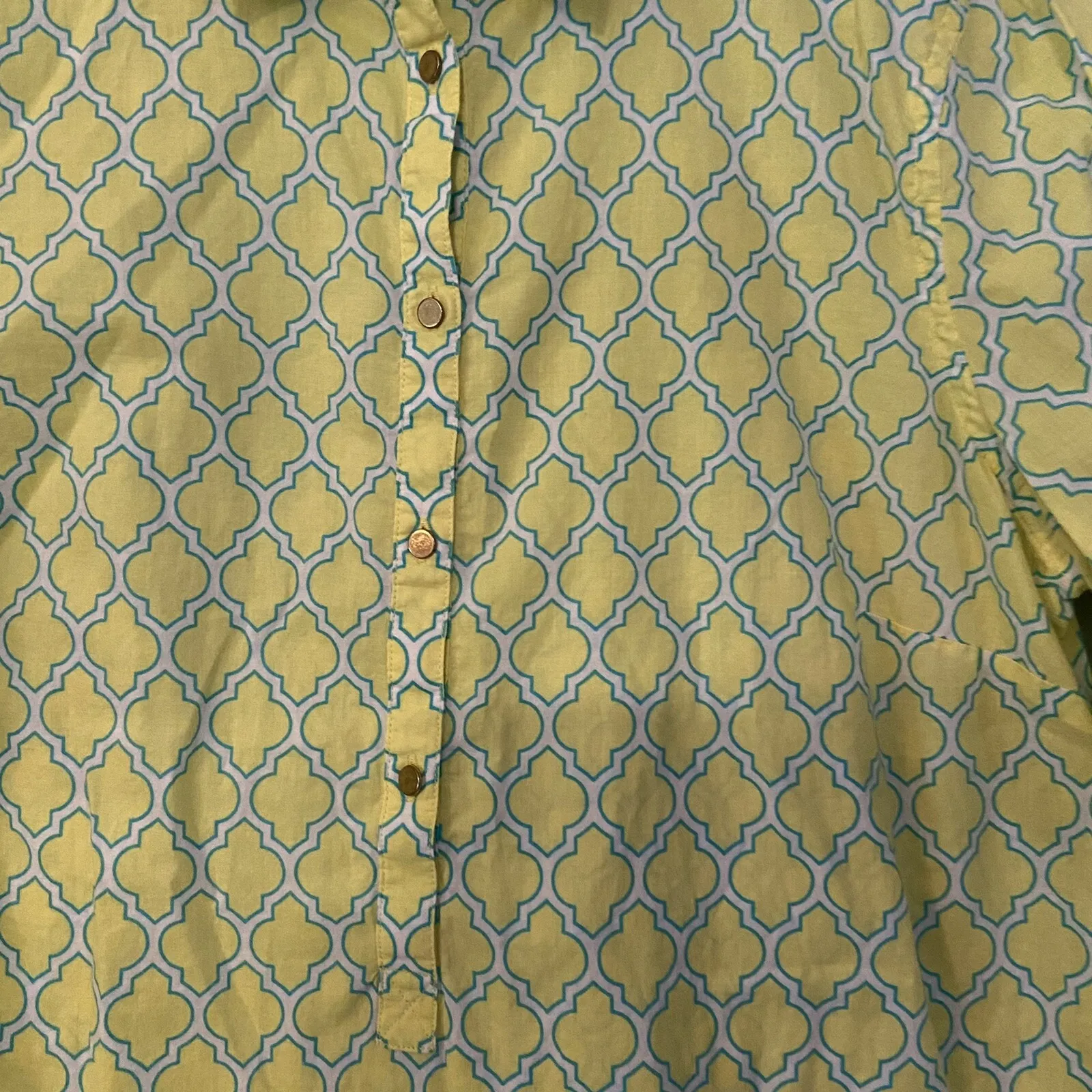 Lands End Women's Geometric Green Blue Print Button Down Shirt 6P Gold Buttons - Image 2