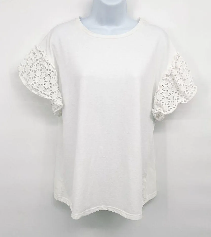 Eyelet Ruffle Flounce Sleeve Blouse Shirt Top Solid White Tee T-Shirt Large - Image 2