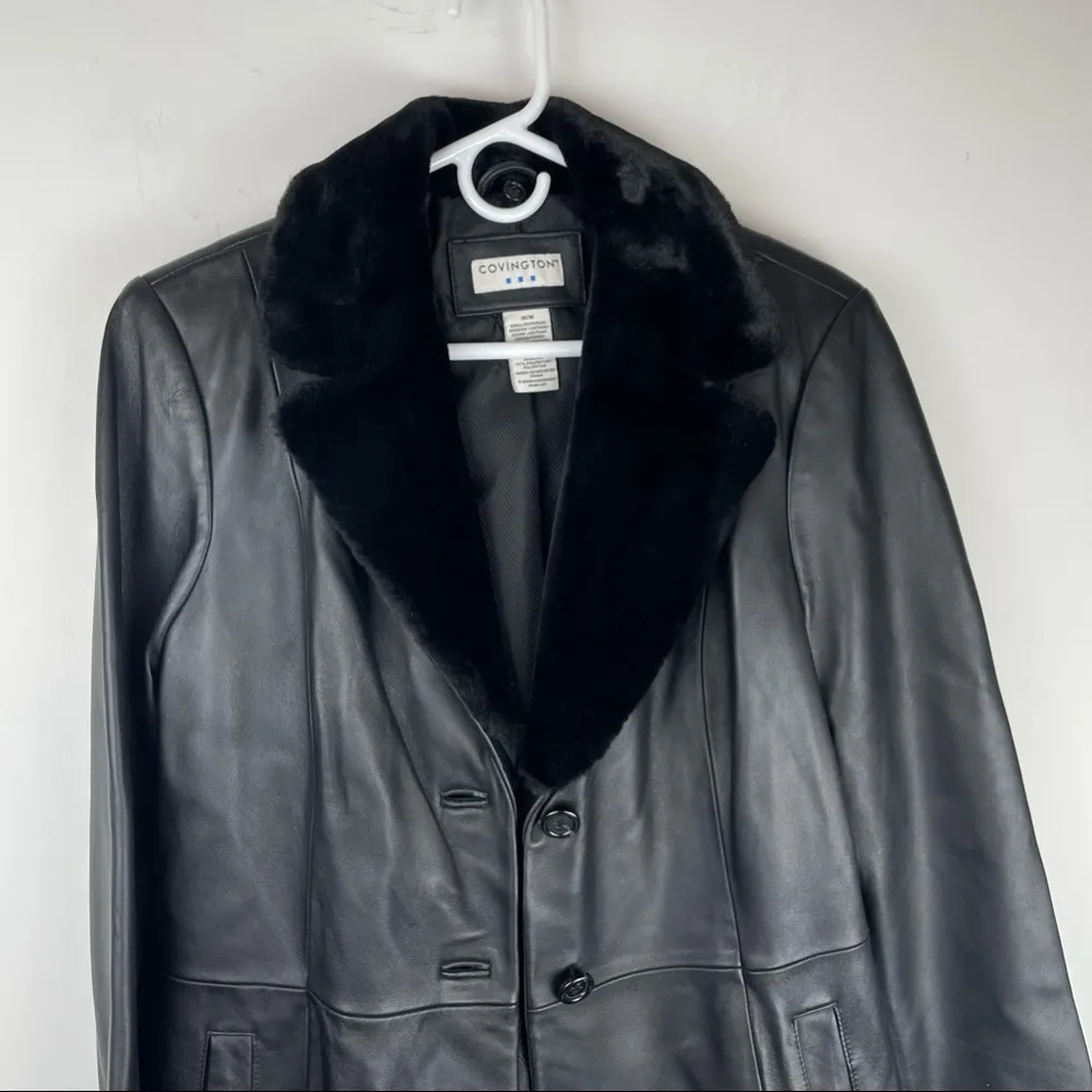 COVINGTON Long Black Leather Jacket Button Front Trench Sz Med Faux Fur Collar - Image 4
