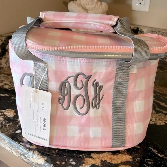 MarleyLilly Personalized Small Cooler Lunch Bag Pink Checked DHT Monogram - Image 2