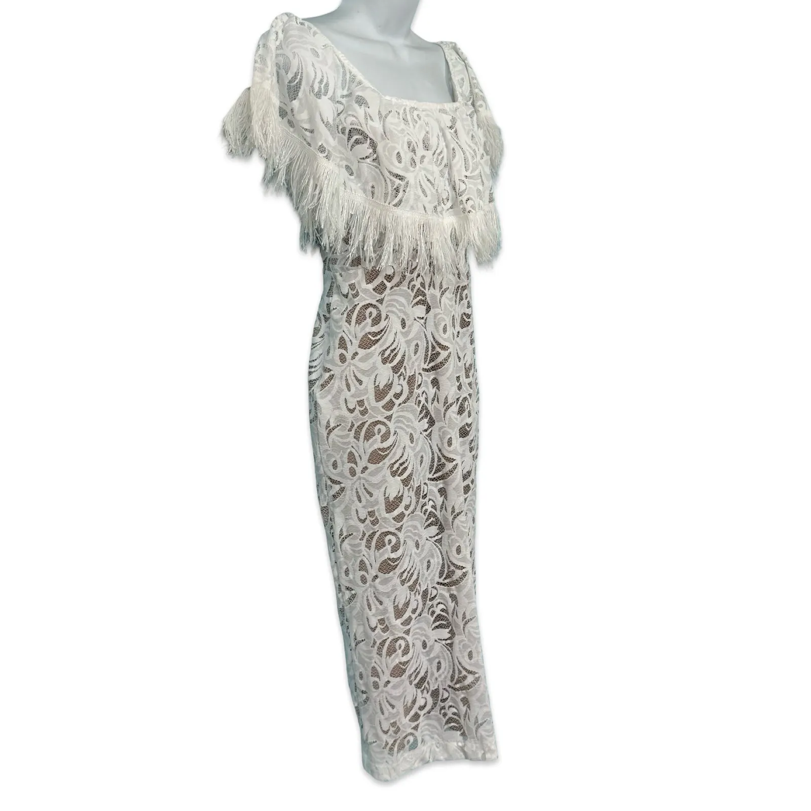 Grace Loves Lace Dominga Nude White Fringe Off Shoulder Midi Wedding Dress sz M Size M - Image 14