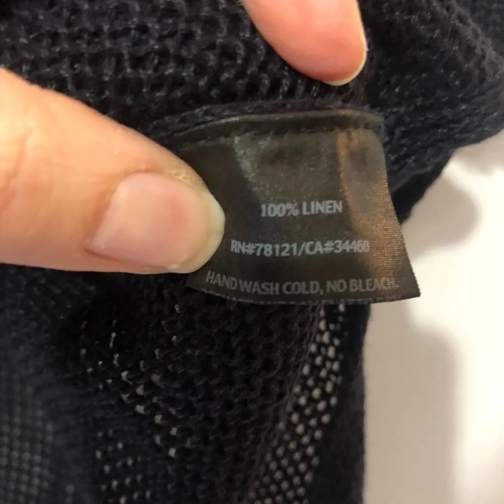 Eileen Fisher Navy Blue Open Knit Linen Dress Womens S Tunic Crochet Long Sleeve - Image 6