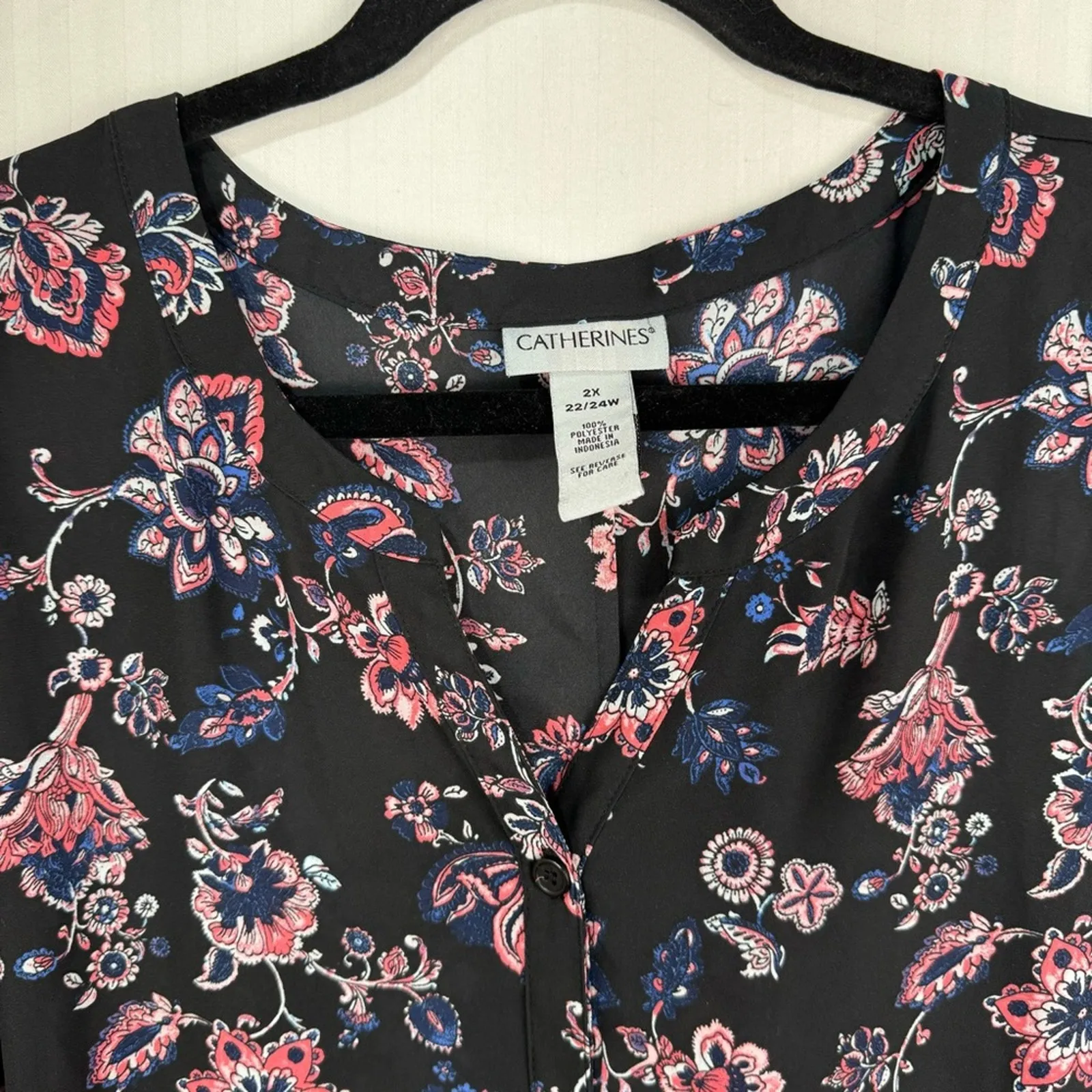 Catherine’s Black Peasant Blouse Women 2X Sheer Button Up Boho Chic Pink Floral - Image 6