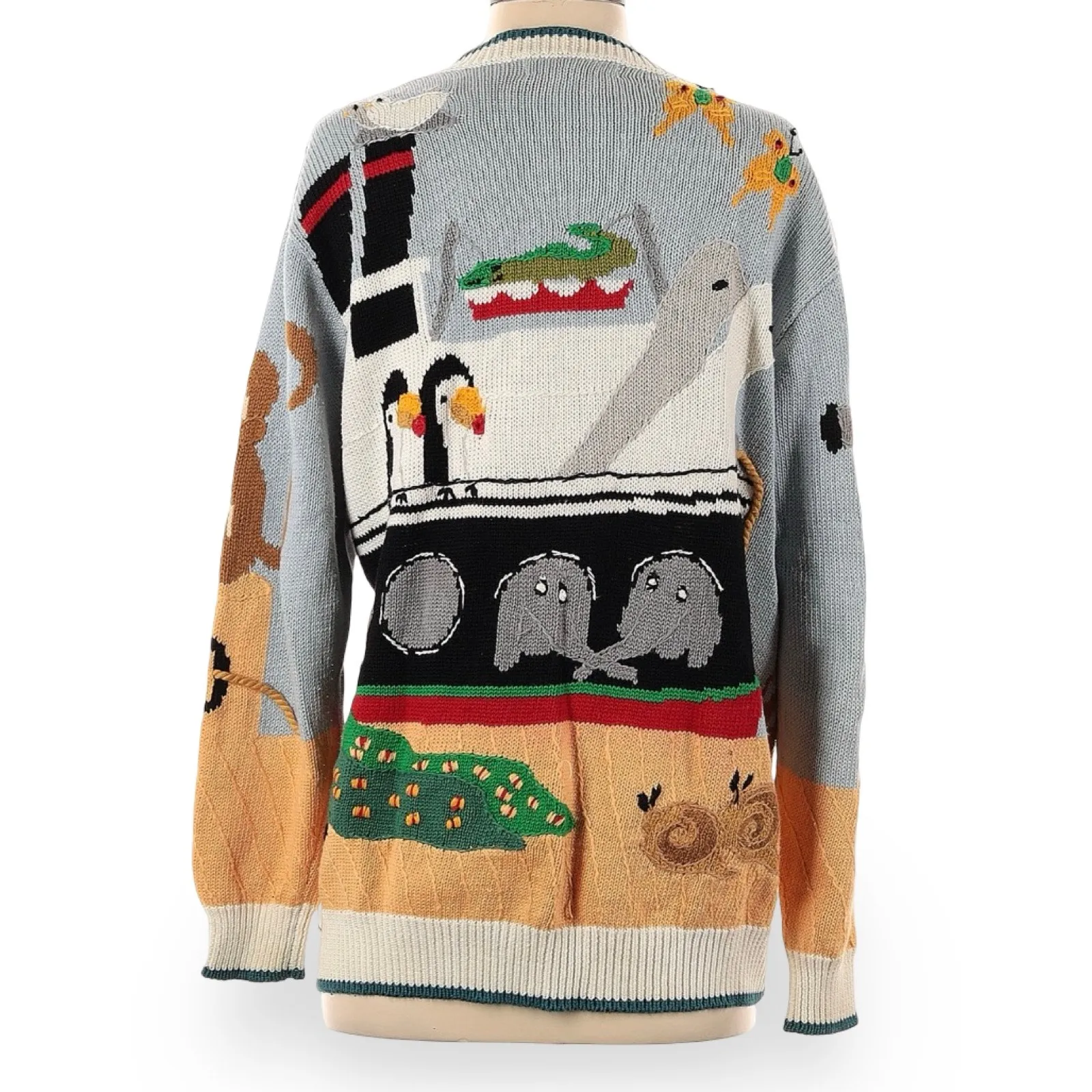 Vintage Noahs Ark Cardigan Sweater Linen Cotton Colorful Animal Print 90s Small Blue - Image 2