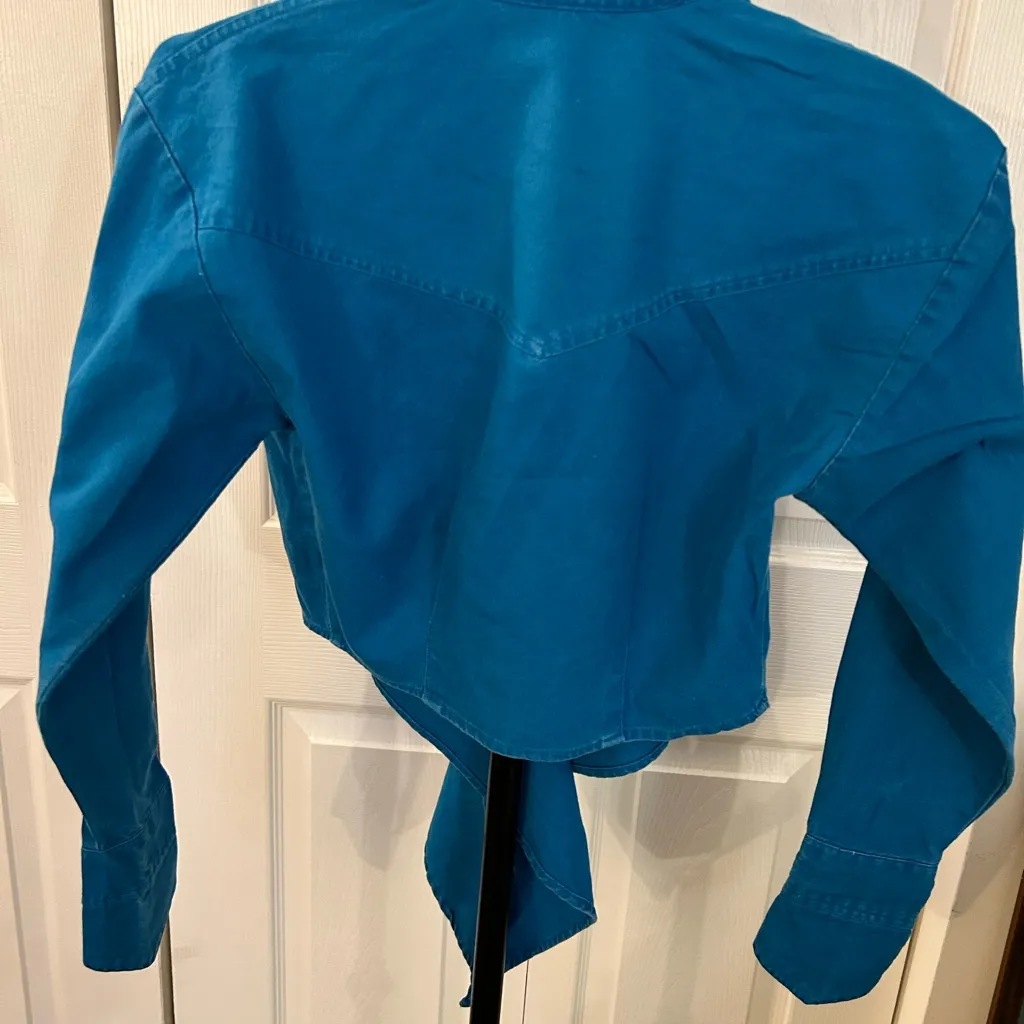 Chaparral Ridge Vintage extended V sleeve knot tie faded turquoise Jean shirt Size M - Image 6