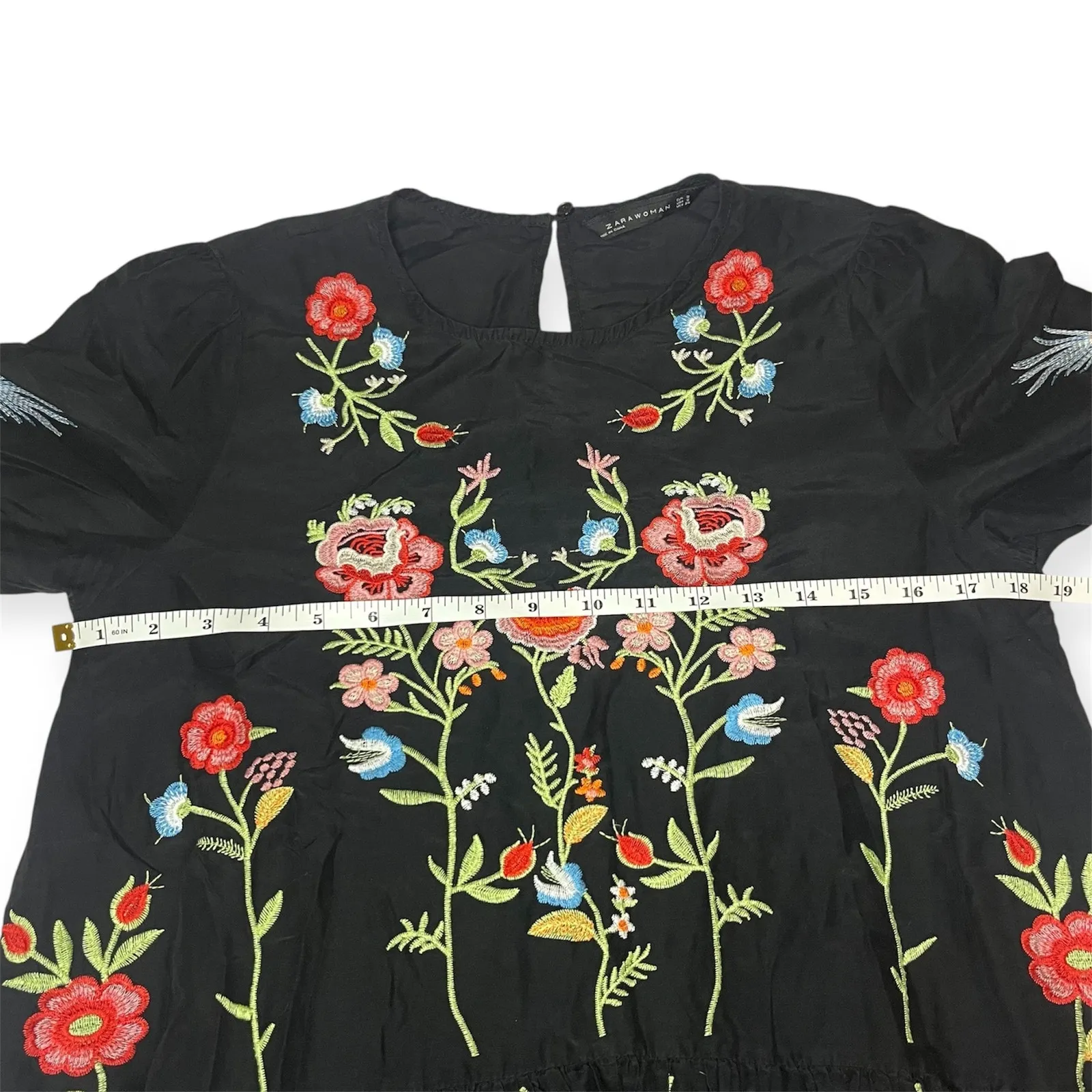 Zara Embroidered Bird & Floral Black Shift Dress Cottagecore Bohemian Sz Small - Image 13
