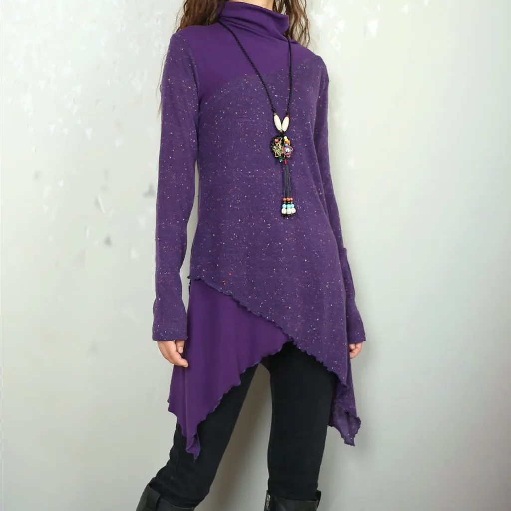 Purple Asymmetrical Pullover Mock Neck Sweater Women's Oversized Knit Top Tunic - Image 9