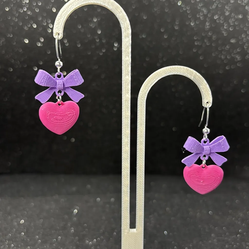 Pink Heart Earrings with Purple Bows - Image 3