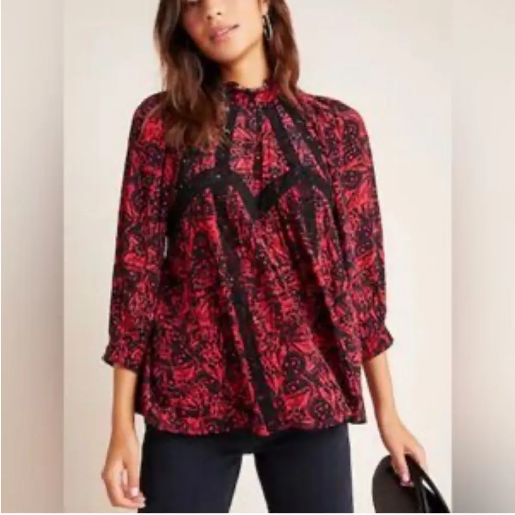 ANTHROPOLOGIE BHANUNI by JYOTI Julianna Floral Top Red Black Beaded size Large - Image 11