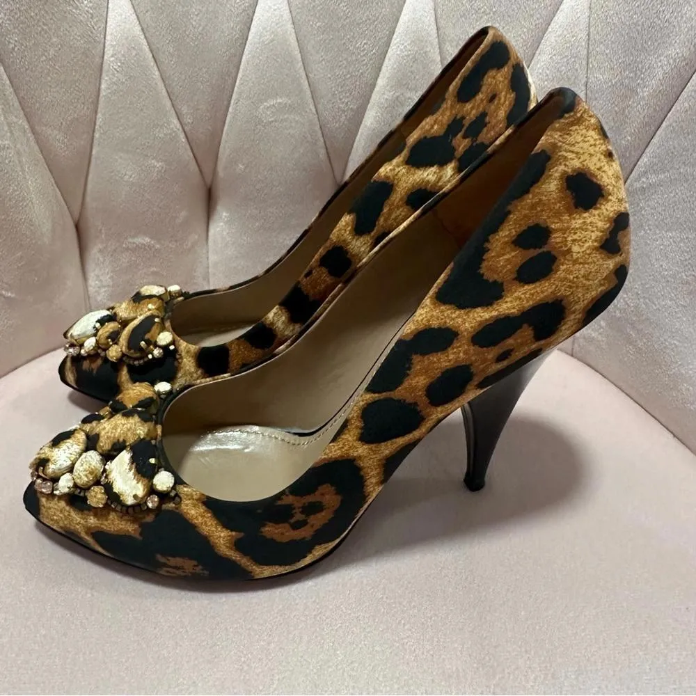 YSL Yves Saint Laurent Pumps Fabric Patent Heels Black Leopard Size 8.5 - Image 4