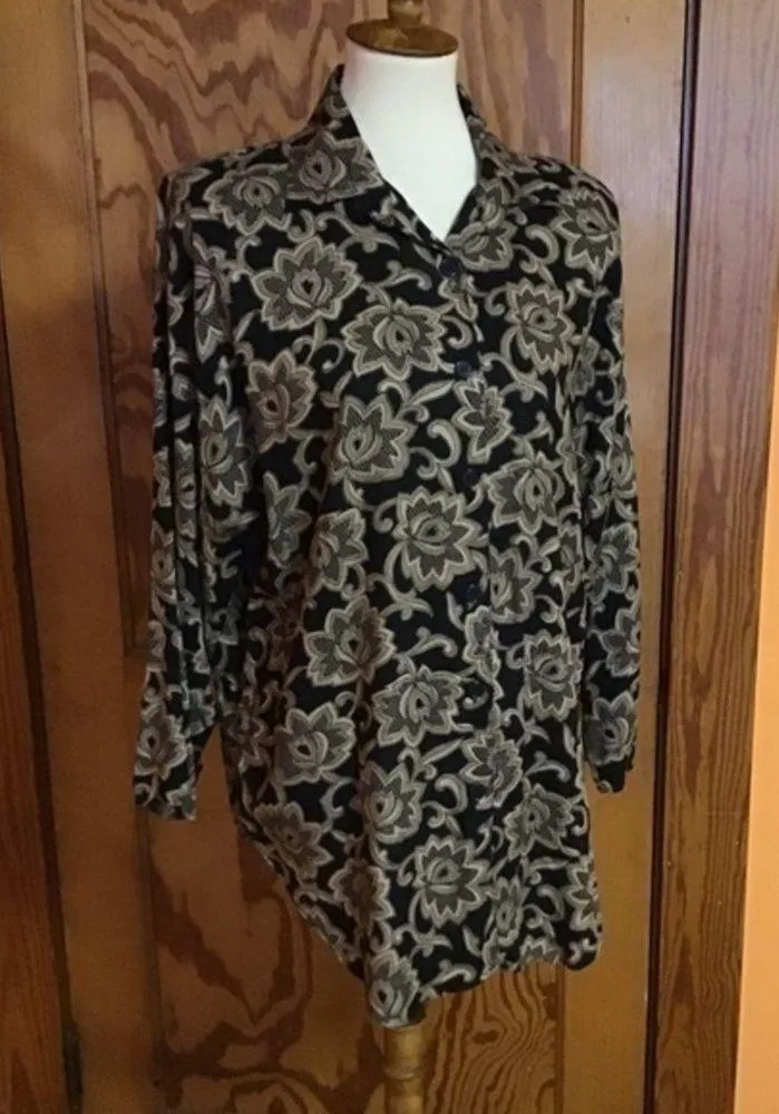 Vintage 80s Oversized ethnic flowers button down blouse Black Size M - Image 4