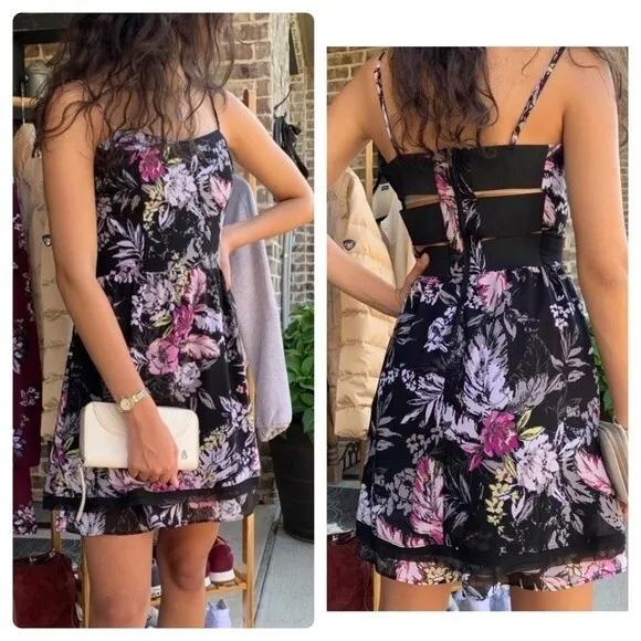 Beautiful Banded Back Black Floral Dress With Adjustable Straps Size 7 - Image 2