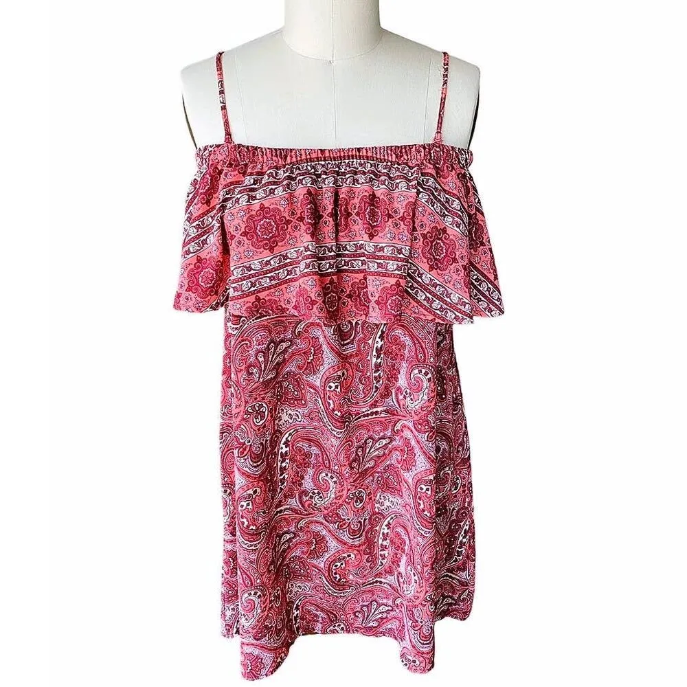 MASSINI Boho Orange Red Paisley Bohemian Off The Shoulders Dress ~ Women's XL - Image 2