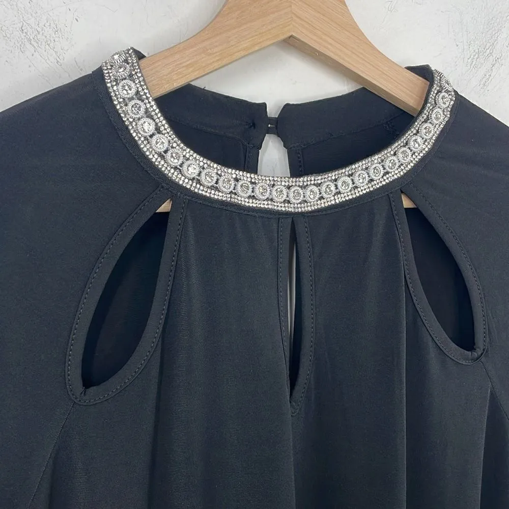 MOA MOA Black Rhinestone Neckline Blouse Cutout Neckline Glam Goth 3/4 Sleeve 1X - Image 4
