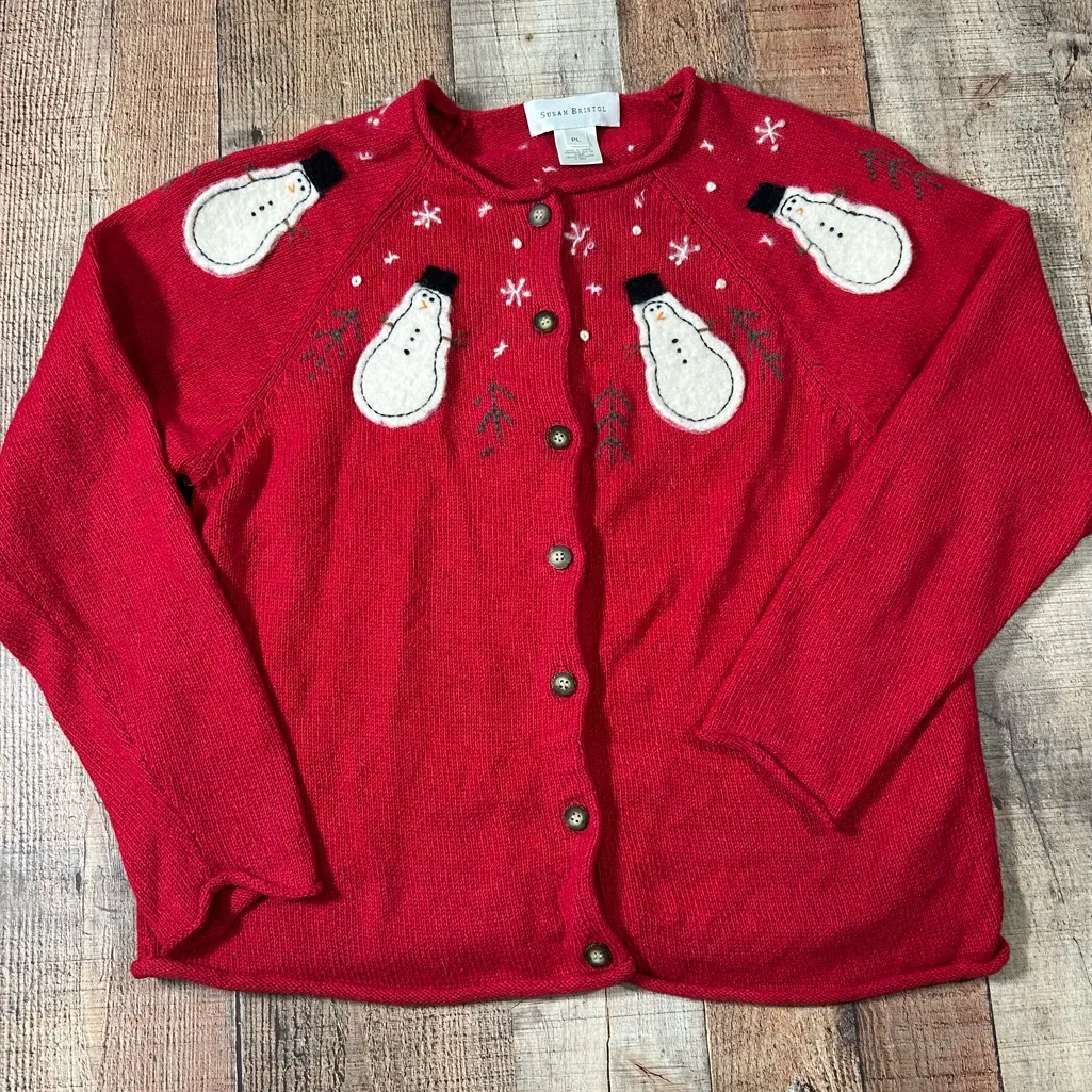 Susan Bristol Vintage Snowman Cardigan Sweater PL Red Embroidered Appliqué Large - Image 1