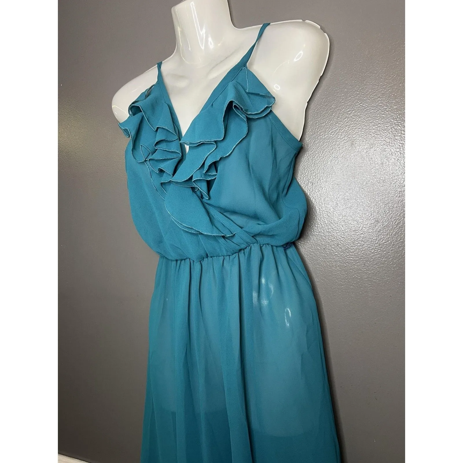 Vintage PQ Fashions LTD Dress Womens 7/8 Teal Ruffle Maxi Chiffon Formal 80s Blue - Image 5
