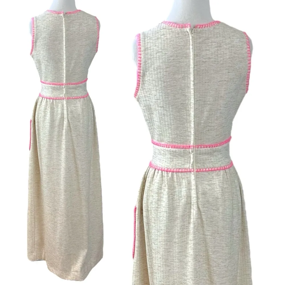 Vintage 60s 70s Shady Lane Sleeveless Cream Maxi Dress Spring Mod USA Size Small Pink - Image 5