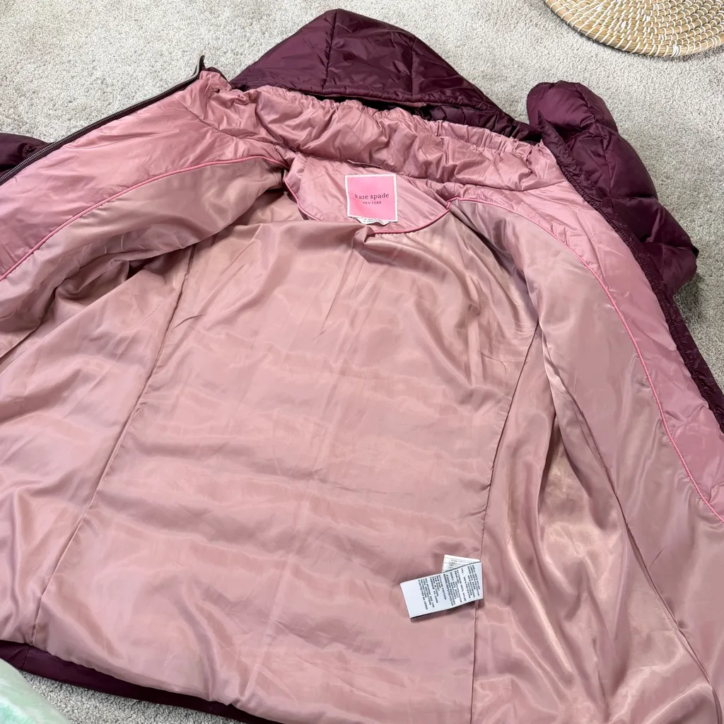 Kate Spade Women’s Untrimmed Down Puffer Coat Jacket Full Zip Hooded Red Wine M - Image 9