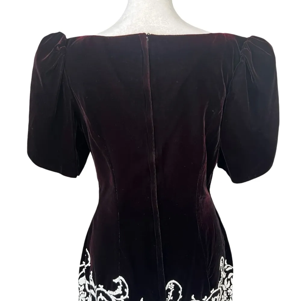 JESSICA MCCLINTOCK Gunne Sax Black Velvet Embroidered Puff Sleeve Dress Sz 9/10 - Image 4