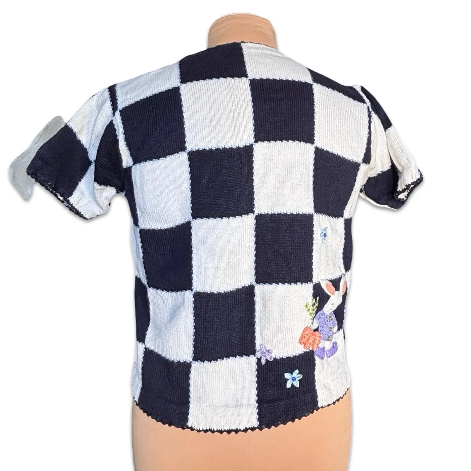 Vintage Marisa Christina Bunny Appliqué Knit Cardigan Black White Checkered Size M - Image 5