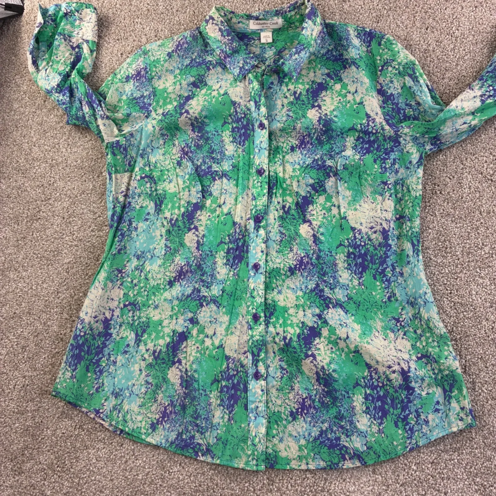 Coldwater Creek No Iron Womens 16 Floral Print Button Up Shirt Green Blue Career - Image 6