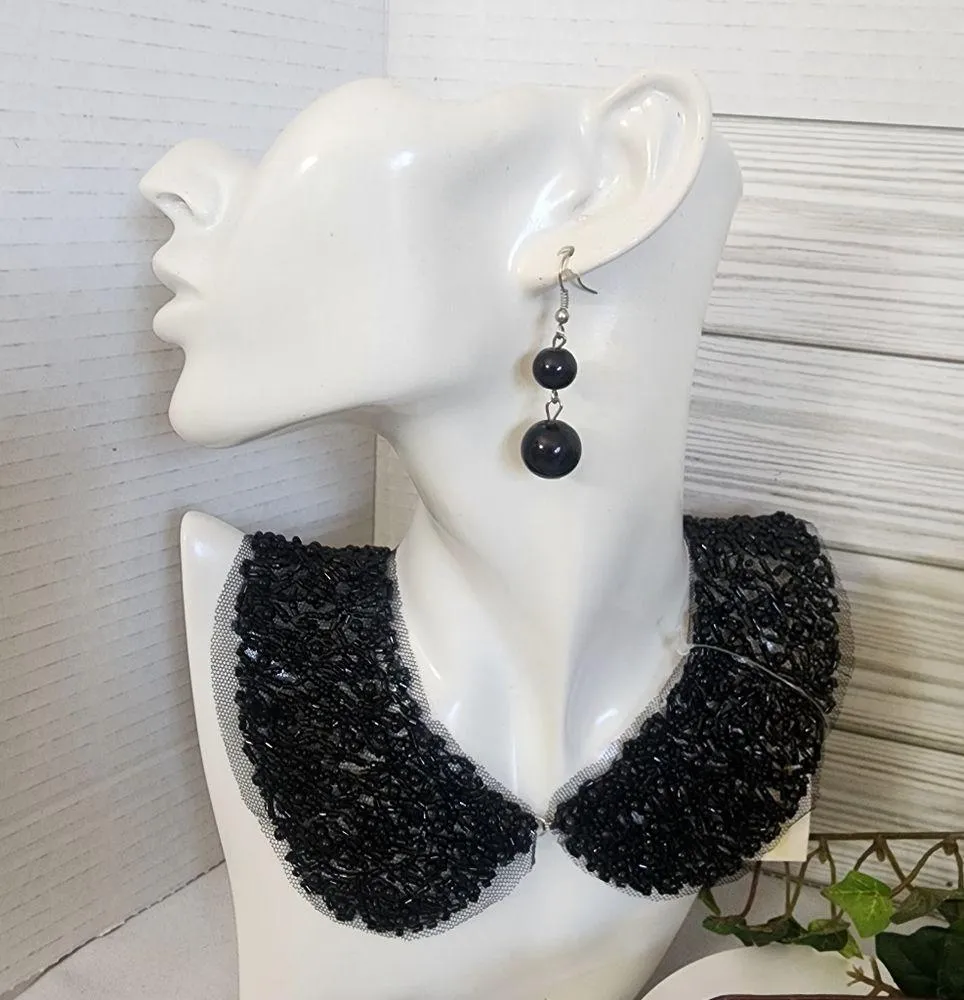 Black Beaded Collar Necklace with Black Glass Bead Earrings - Image 6