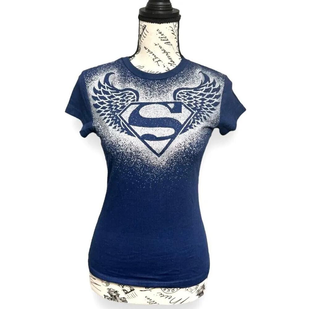 Supergirl‎ S Navy Graphic Tee 100% Cotton Burnout Glitter Y2K DC Comics Hero - Image 2