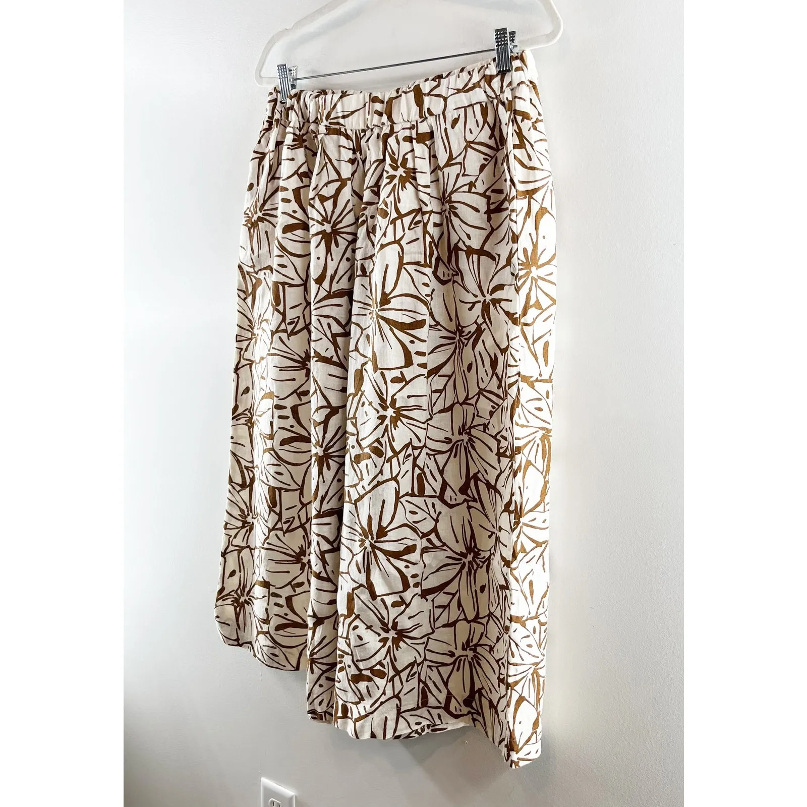 Magaschoni Linen Floral Pull On High Waisted Cropped Wide Leg Pants Brown Large - Image 5