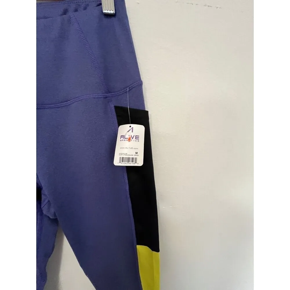 NWT Alive magnetics purple Black neon colorblock stretchy Athletic Leggings M Size M - Image 2