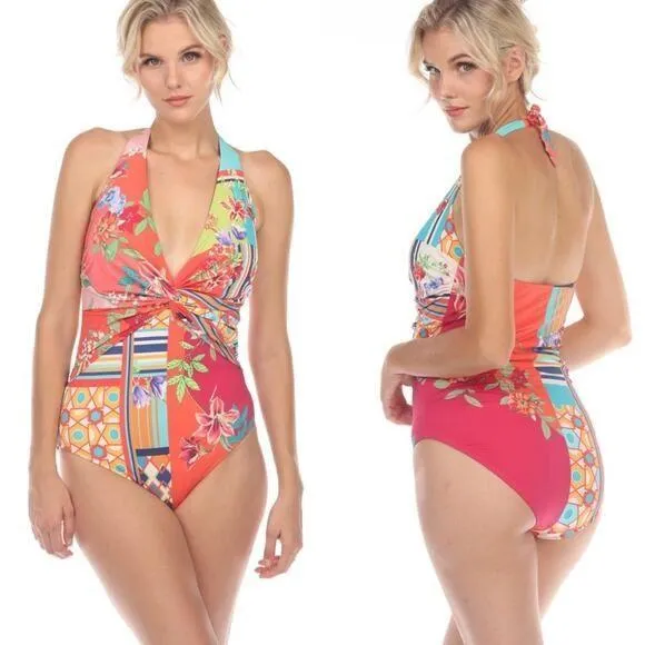 Johnny Was Color Twist One Piece Swimsuit Boho Chic Tie Neck Colorful XS NWT - Image 2