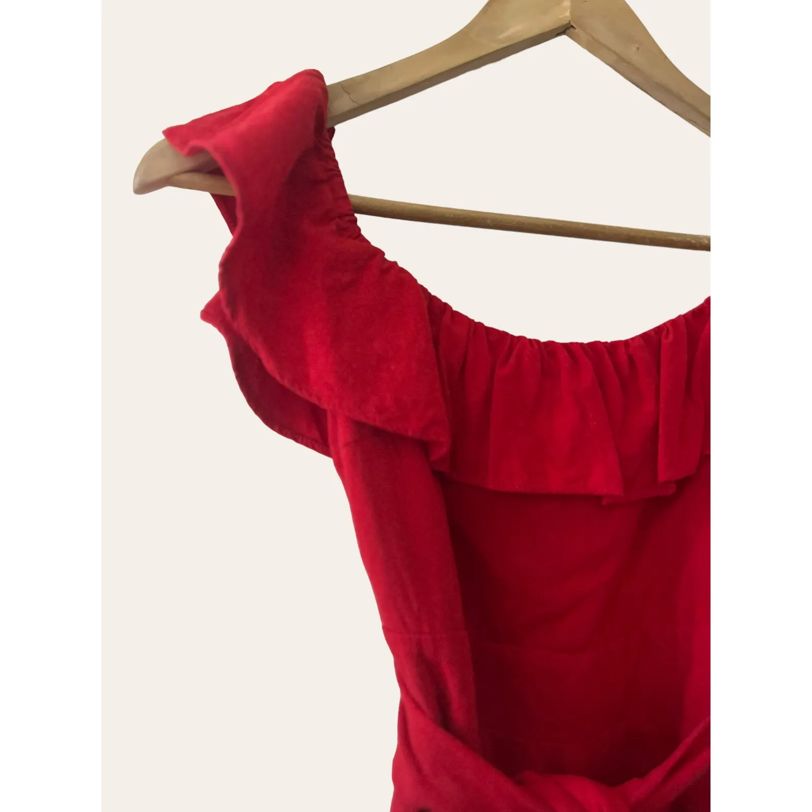 Zara Red Off-The-Shoulder Ruffle Smocked A-Line Belted Mini Dress Size XS - Image 2