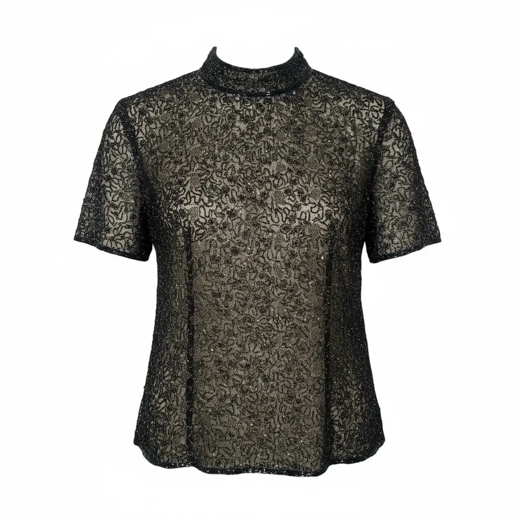 Adrianna‎ Papell Silk Beaded Mock Neck Short Sleeve Top Size 14 Black Formal - Image 5