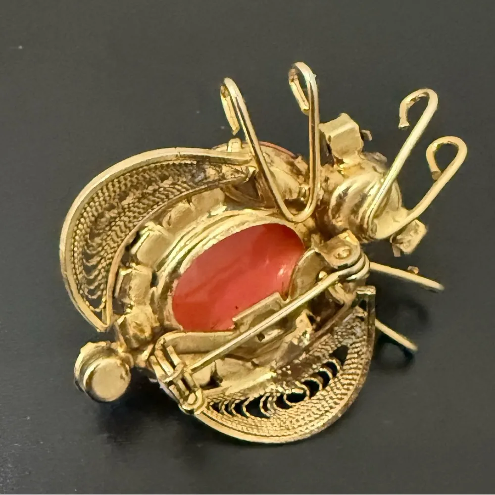 Rare Juliana Delizza & Elster Faux Coral Cabochon Rhinestones Beetle Bug Brooch Orange - Image 11