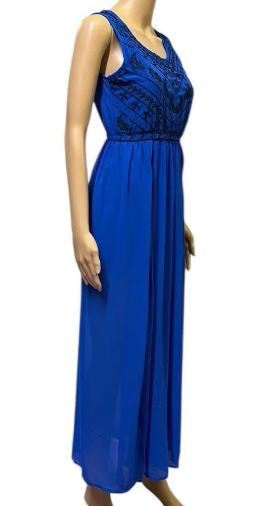 Fun Flirt Blue Embroidery Flowy Open Skirting Sleeveless Midi Maxi Dress Small - Image 6
