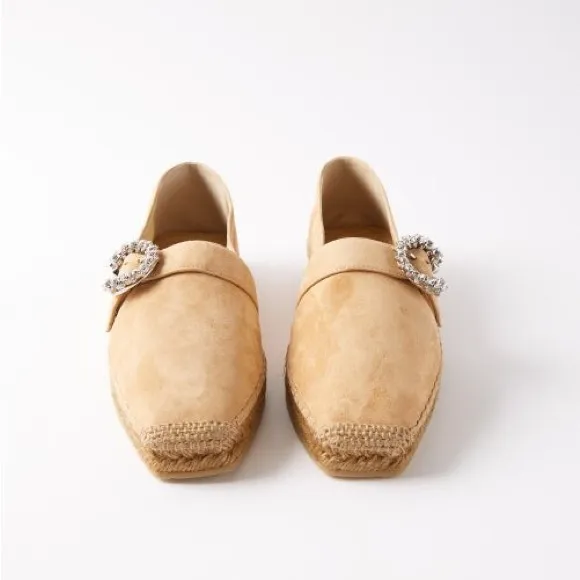 JIMMY CHOO Dru Crystal Embellished Suede Espadrilles Beige Sz 38 EU/8 US - Image 2