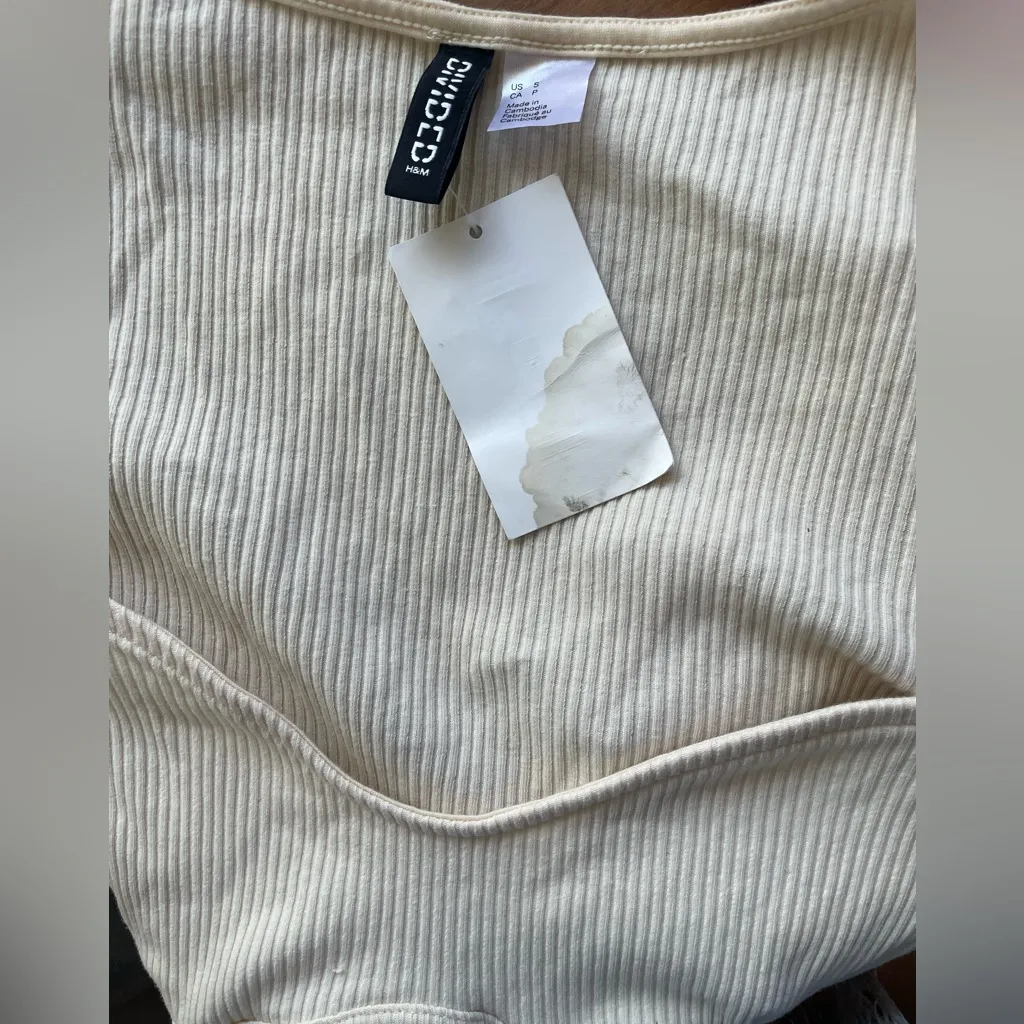 H&M Cream Cropped Ribbed Corset Long Sleeve Top size Small - Image 7