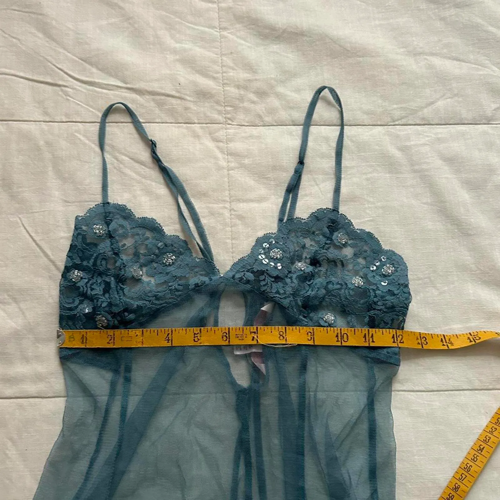 Y2K Victoria's Secret sheer blue mesh lace lingerie top with sequin detailing - Image 6