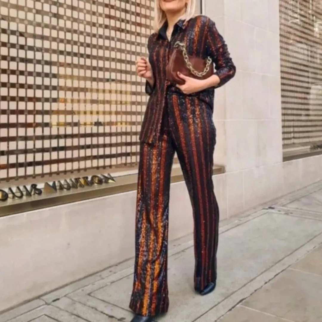 Zara | Sparkle Sequins Flare Wide Leg Pants Striped Black‎ Red - 3440/251/800 - Image 2