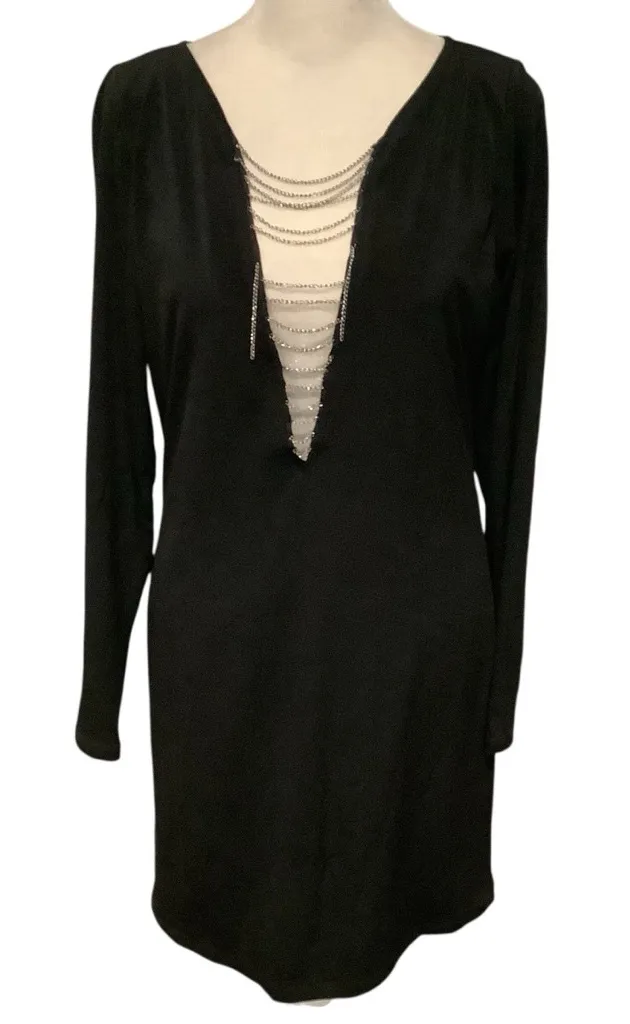 Frederick's of Hollywood Black Dress with Deep V Neck Chain Accent WORN ONCE - Image 1