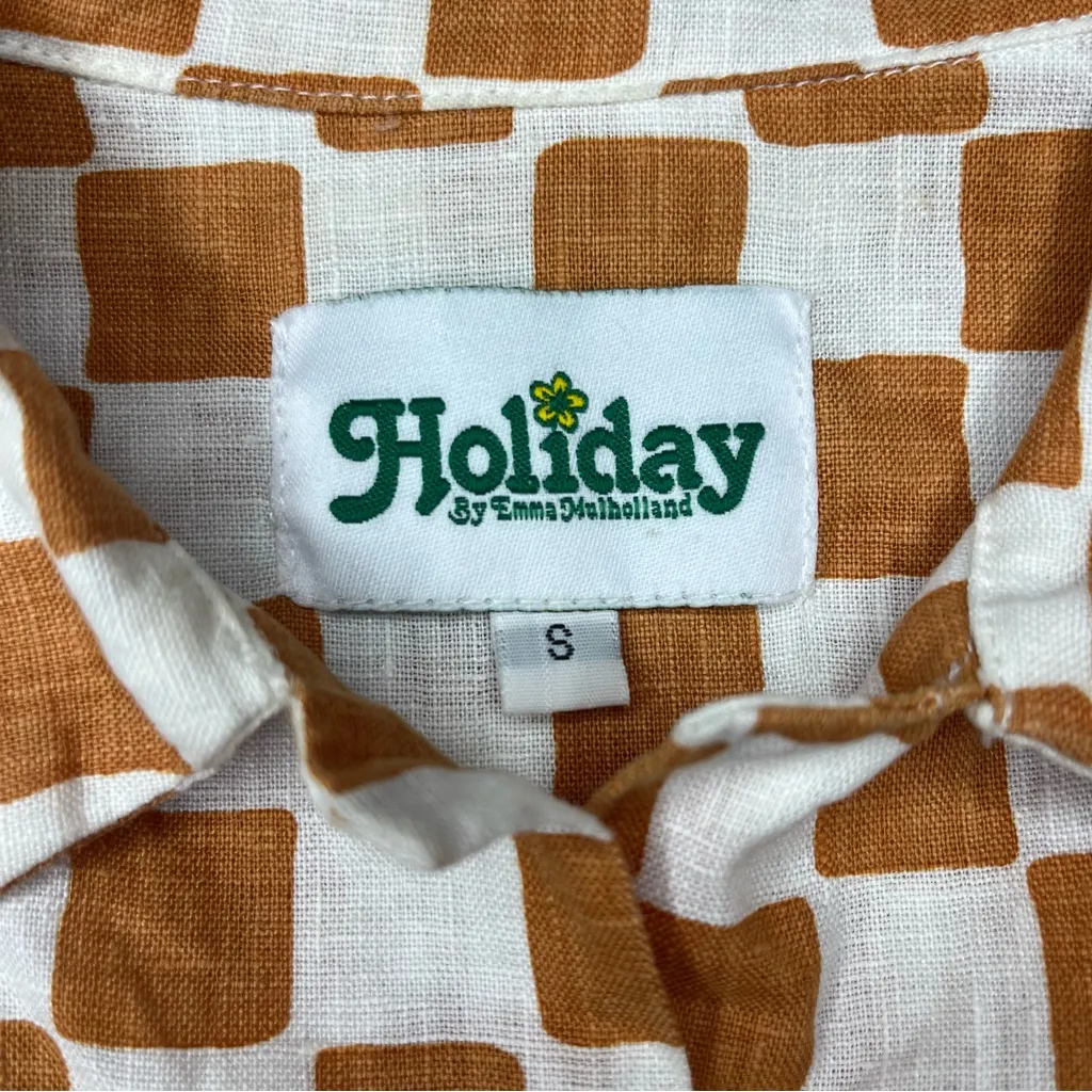 Holiday by Emma Mulholland 100% Linen White & Rust Check Short Sleeve Shirt Sz S Orange - Image 2