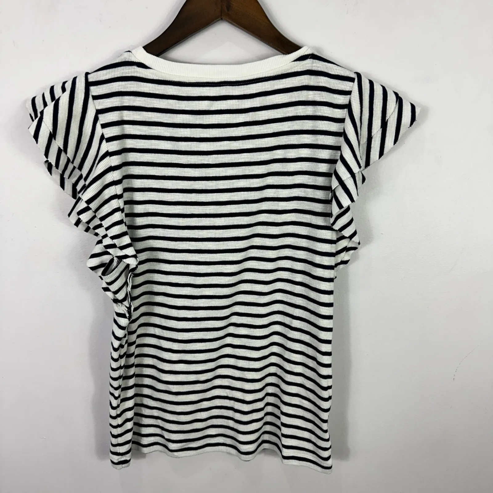 Gap Striped Ribbed Knit Top Women Medium Ruffle Preppy Nautical Parisian Coastal - Image 3