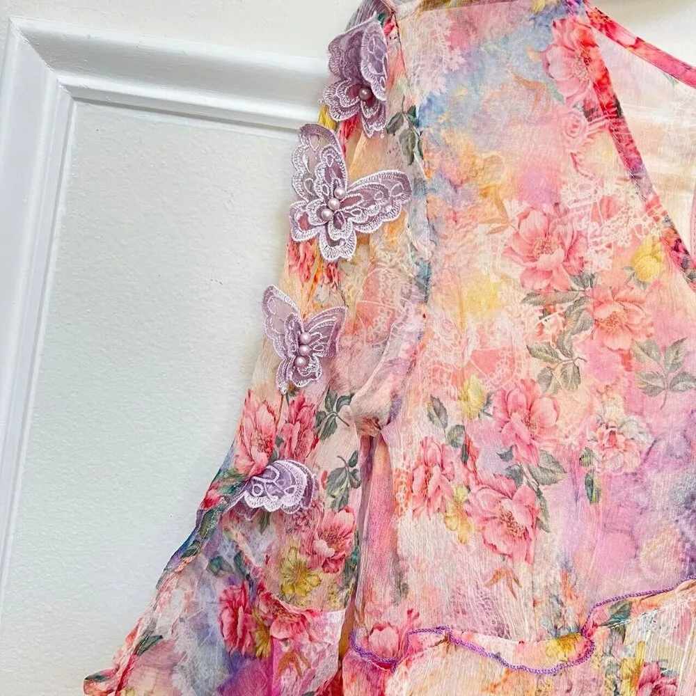 NWT Silk Floral-Print Midi Dress 3D Butterfly Johnny Was Style - Image 2