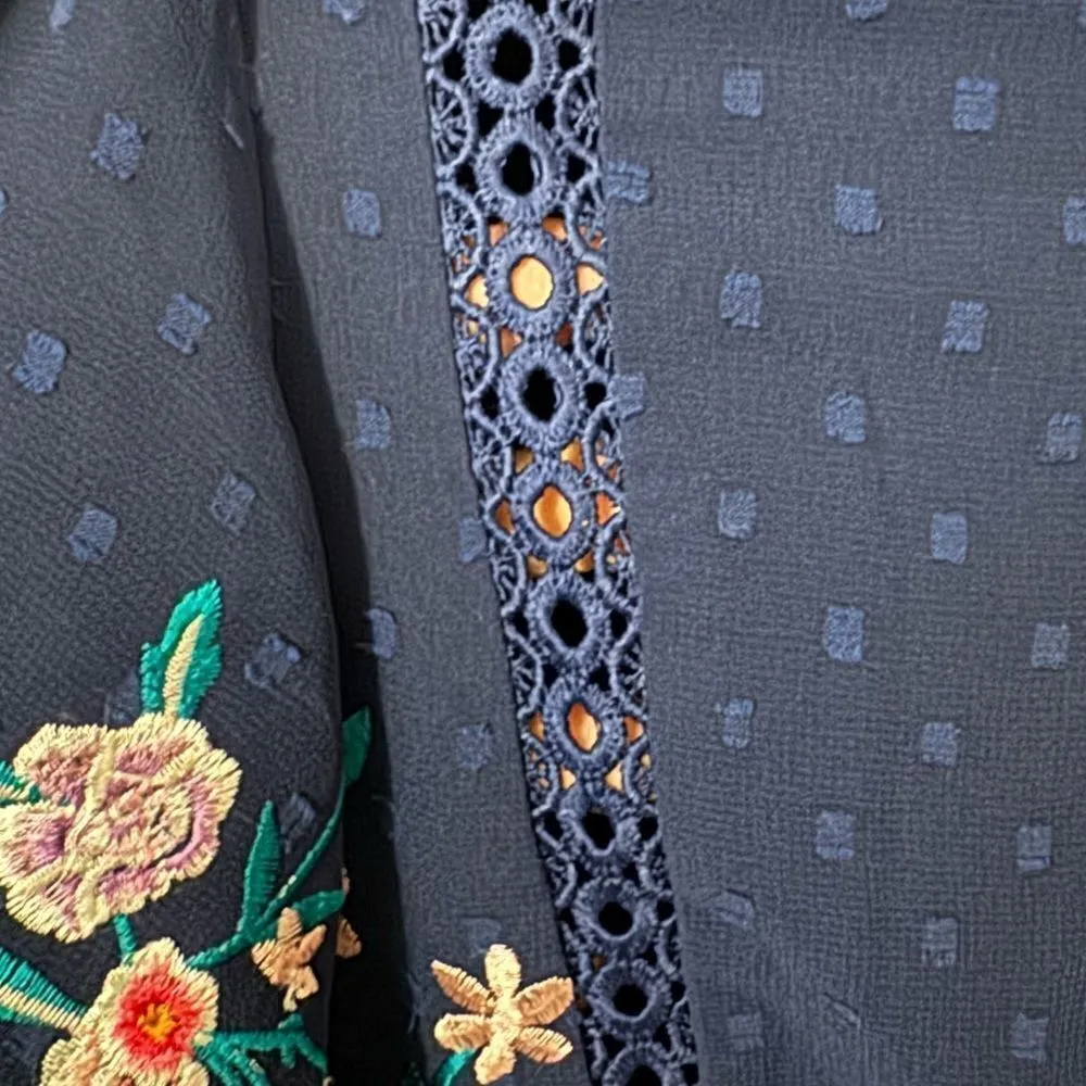 ASOS DESIGN High Neck Floral Embroidered Midi Dress Lace Trim Navy 6 NEW - Image 5