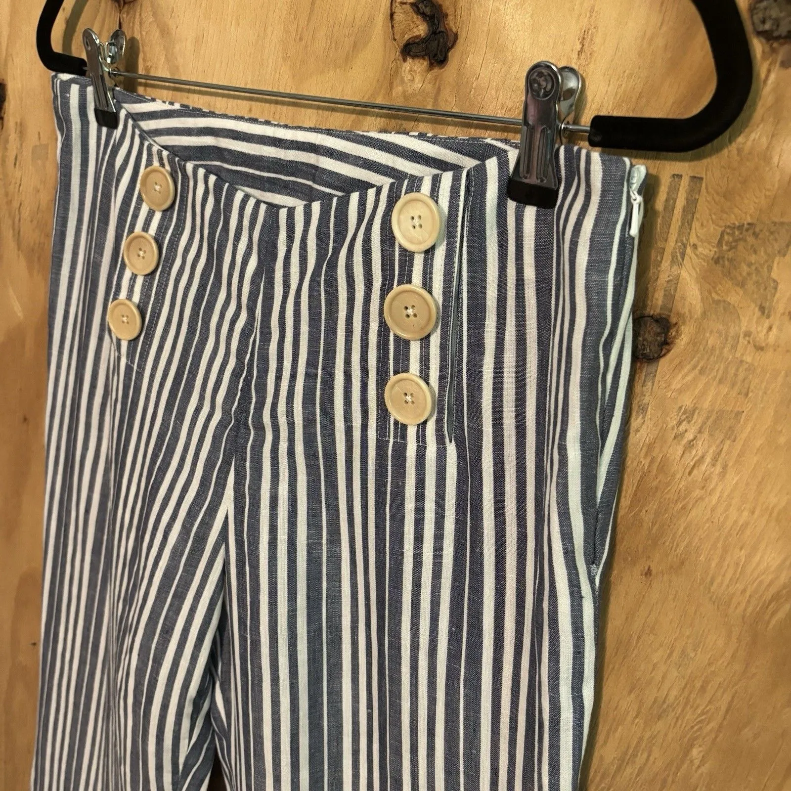 Tory Burch 100% Linen Wide Leg Blue White Striped Pants Sz 6 Nautical - Image 2