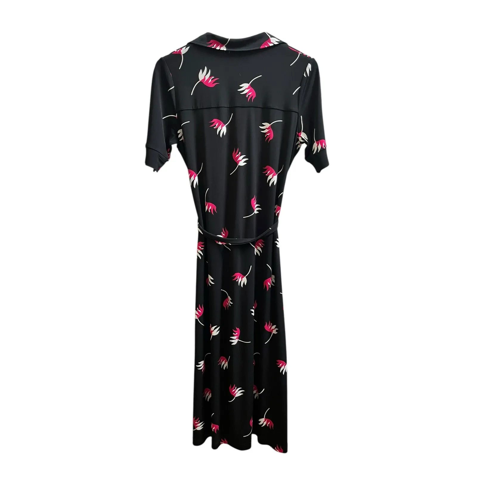 Leota Black Floral Jersey Button Front Waist Tie Belt Side Slits Dress Small - Image 4