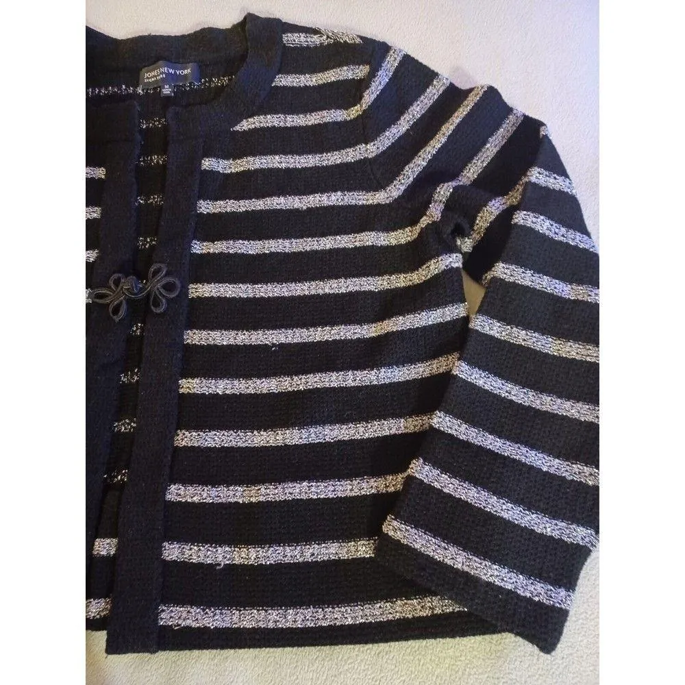 Jones New York Signature Womens Cardigan Black Silver Striped Sweater Medium - Image 5